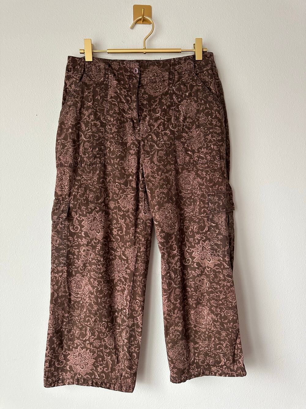 Vintage Y2K Jones Wear Floral Cargo Capri Pants Brown Cropped Stretch Size 10